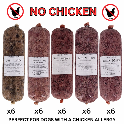 CHICKEN ALLERGY Raw Frozen Dog Food MIX BOX 30 x 450g ROLLS 80:10:10 COMP 14kg